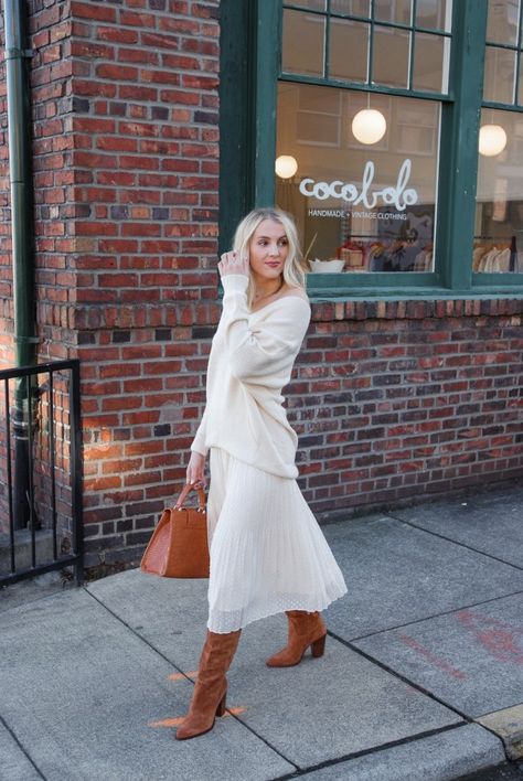 Fall Midi Dress Cowboy Boots, Tall Boots With Midi Dress, Midi Skirt And Tall Boots Outfit, Long Skirt With Tall Boots, Skirts With Tall Boots, Midi Dress Fall Outfit Boots, Camel Tall Boots, Dresses And Tall Boots, Skirt With Riding Boots