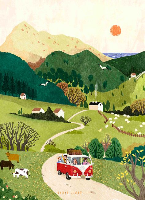 Country Side Illustration, Country Landscape Drawing, Farmland Illustration, Roads Illustration, Illustrated Landscape, Countryside Illustration, Hill Illustration, Road Illustration, Village Illustration