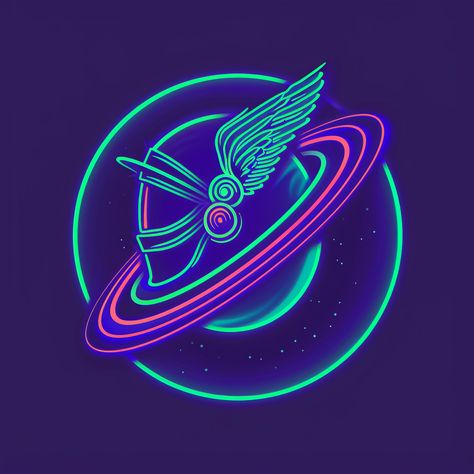 Neon Logo of Saturn with Hermes Helmet Hermes Helmet, Winged Helmet, Planet Saturn, Neon Style, Neon Logo, Neon Fashion, Boot Bag, Comfort Style, A Logo