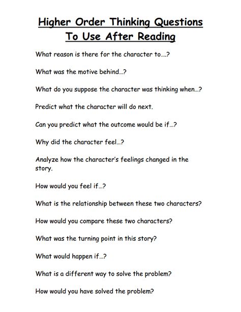 Higher Order Thinking Questions To Use After Reading.pdf Dok Level 3 Activities, Higher Level Thinking Questions, High Order Thinking Questions, Barrett's Taxonomy, Critical Thinking Worksheets, Worksheets For 5th Grade, Higher Order Thinking Questions, Bloom's Taxonomy, Critical Thinking Activities