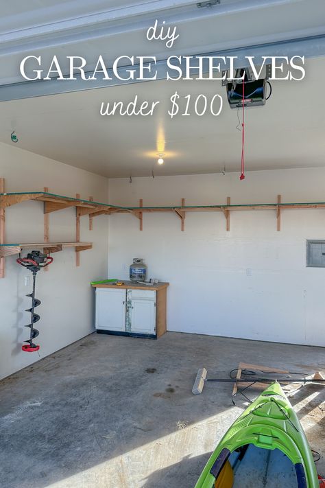 Build quick, simple, budget friendly DIY garage shelves that mount directly to the wall and don't intrude on floorspace. For under $100! Easy Garage Shelves Diy, Diy Wood Hanging Shelves Garage, Diy Garage Shelves Wall Shelves, Simple Garage Shelves, Garage Wall Shelving Ideas, Garage Ceiling Shelves, Small Garage Design Ideas, Garage Shelving Diy, Diy Garage Wall Shelves