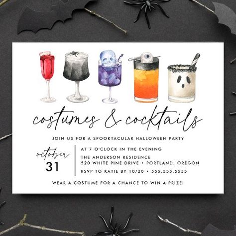 $1.98 | Watercolor Costumes and Cocktails Halloween Party #costumes and cocktails, adult halloween party, halloween cocktails, halloween cocktail party, watercolor cocktails, modern halloween party invites, candy corn, ghost, skull, colorful Vampire Spider, Costumes And Cocktails, Watercolor Cocktails, Spooky Cocktails, Halloween Cocktail Party, Halloween Juice, Spider Skull, Cocktail Party Themes, Halloween Cocktail