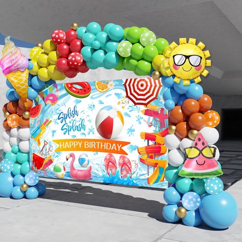 PRICES MAY VARY. 【PACKAGE INCLUDED】156PCS - Splish Splash party themed Happy Birthday large backdrop(71x43.3in), Blue balloon(18"×2,10"×25,5"×4),Light Blue Balloon(10"×25,5"×4), Green/Red/Yellow/White/Orange balloon (10"×10,5"×4), Gold balloon (5"×10),Polka dot balloon x12, Ice cream Balloon x 1, Watermelon balloon x 1,Sun balloon x 1, Balloon tying tool x 1, 16ft long balloon strip x 1, 100pcs balloon dot glue x 1, Instructions x1. 【HIGH-QUALITY】 Our pool party decorations balloon garland are m Pool Party Kids Birthday, Sun Balloon, Kids Pool Party Birthday, Splish Splash Party, Hawaii Birthday Party, Hawaii Birthday, Garden Backdrop, How To Make Garland, Polka Dot Balloons