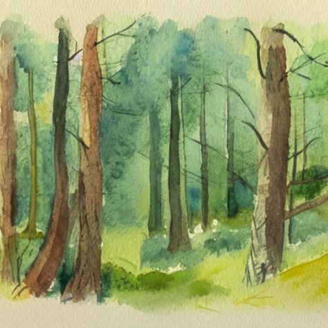 A watercolor drawing of a simple landscape of a forest or woodland Watercolor Painting Forest, Easy Forest Drawings, Woods Drawing Forests, Simple Forest Drawing, Forest Drawing Simple, Easy Watercolor Drawing, Forest Landscape Drawing, Drawing Of A Forest, Watercolor Forest Landscape