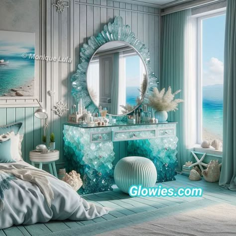 Mermaid Grotto Room Aesthetic, Mermaid Inspired Room, Fae Bedroom, Sea Bedroom Ideas, Hogwarts Dorm Room, Jordan Visit, Monique Lula, Crystal Vanity, Pretty Water