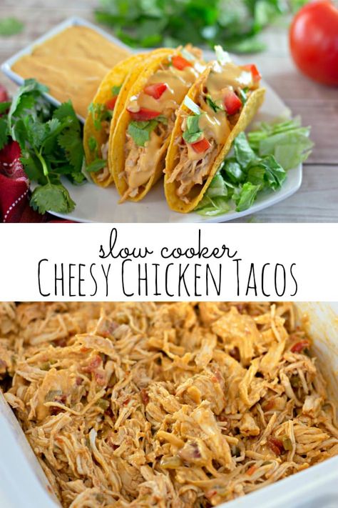 Take your Taco Tuesday feast to the next level with these Slow Cooker Queso Chicken Tacos! Tender shredded chicken is mixed with salsa con queso, diced tomatoes and green chiles, then loaded into your favorite tortillas. Tacos With Queso, Cheesy Chicken Tacos, Slow Cooker Queso Chicken, Queso Chicken Tacos, Slow Cooker Queso, Crockpot Chicken Tacos Recipes, Queso Chicken, Shredded Chicken Crockpot, Slow Cooker Chicken Tacos