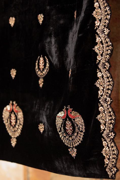 Embroidery Fashion Detail, Pakistani Suit, Velvet Dress Designs, Hand Embroidery Dress, Velvet Shawl, Embroidered Designs, Couture Embroidery, Bead Embroidery Patterns, Hand Work Embroidery