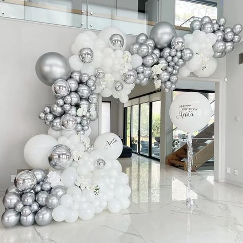 Silver And White Balloons Decoration, Metallic Birthday Party Decorations, Silver Bday Decor, White And Silver Party Decor, Silver Baby Shower Ideas, Silver And White Birthday Party Decor, White And Silver Birthday Decorations, White Party Decorations Birthday, White Balloon Decorations