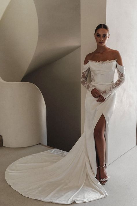 Designer - Alena Leena Wedding Dresses Alena Leena Bridal, Timeless Wedding Gown, Modern Romantic Wedding, Simple Satin, Romantic Wedding Dresses, Lace Wedding Gown, Silk Wedding Dress, Brides Magazine, Satin Wedding Dress