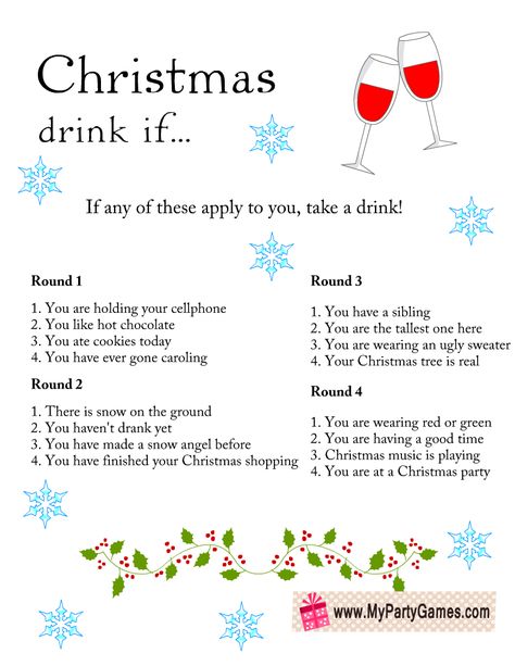 Free Printable Christmas Drink If Game for Adults Adult Drinks For Christmas Party, Drink If Christmas Game, Christmas Games Printable For Adults, Adult Christmas Games Drinking, Drinking Games For Christmas Parties, Friendsmas Drinking Games, Friendmas Party Games For Adults, Free Adult Christmas Games, Christmas Games For Adults Free