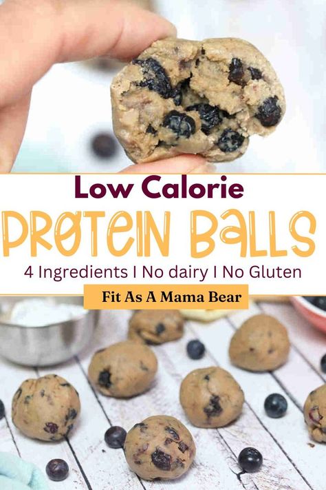 Two images of protein balls with dried blueberries the top a close up with text between the images. Low Calorie Protein Balls, Hi Protein Snacks, Low Calorie High Protein Snacks, Low Calorie Snack, Low Calorie Baking, Protein Balls Healthy, Low Calorie Protein, Snack Balls, Protein Balls Recipes