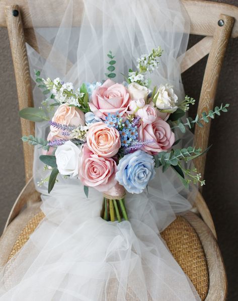 Dusty Pink and Blue Wedding Bouquet Rustic Boho Flower - Etsy Ireland Peony Roses Wedding Bouquet, Bridal Bouquet Pastel Colors, Pink Blue And Purple Wedding Theme, Wedding Bouquet Pink And Blue, White Pink Blue Wedding Bouquet, Blush Pink And Dusty Blue Wedding, Dusty Blue And Blush Wedding Flowers, Dusty Pink And Blue Wedding, Pink And Blue Flower Arrangements