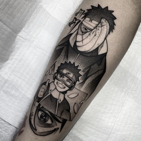 Tobi Tattoo Ideas, Naruto Knee Tattoo, Obito Sharingan Tattoo, Kakashi Obito Tattoo, Naruto Leg Tattoo, Obito Tattoo Design, Obito Mask Tattoo, Naruto Tattoo Stencil, Obito Uchiha Tattoo Ideas