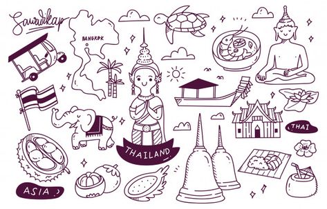 Thailand travel destination doodle | Premium Vector #Freepik #vector Thailand Doodle, Sun Doodle, Icons Hand Drawn, Thailand Travel Destinations, Cambodian Art, Creative School Project Ideas, Sun Burst, Graffiti Doodles, Travel Thailand