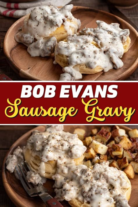 Make this Bob Evans sausage gravy with biscuits for the ultimate southern breakfast! With just 5 ingredients and 15 minutes, you'll have a meal that will keep you going all day. Sausage Gravy Bob Evans Recipe, Copycat Bob Evans Sausage Gravy, Paula Deen Biscuits And Gravy, Homemade Sausage Gravy And Biscuits, Bob Evans Biscuits And Gravy, Sausage Gravy And Potatoes, Pork Sausage Gravy And Biscuits, Biscuits And Sausage Gravy Recipe, Cajun Biscuits And Gravy