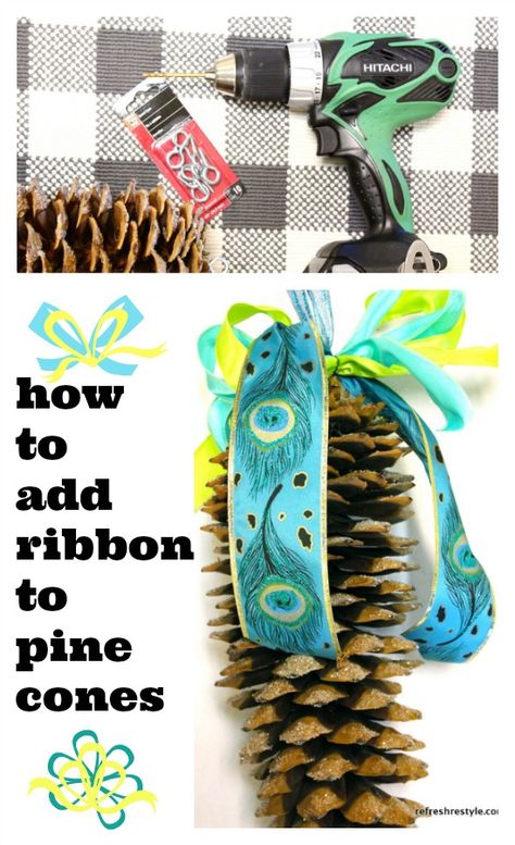 How to add ribbon to pine cones, great for these large sugar pine cones. Add ribbon and glitter, hang them anywhere refreshrestyle.com Giant Pine Cones, Sugar Pine Cones, Pine Cone Christmas Decorations, Pine Cone Decorations, Cones Crafts, Pine Cone Crafts, Handmade Christmas Decorations, Metal Tree, Noel Christmas