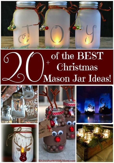 Over 20 of the BEST Christmas Mason Jar Ideas - these are so pretty and easy to make for the Holidays. Also lots of ideas for Christmas gifts! Christmas Mason Jar Ideas, Easy Mason Jar Crafts Diy, Easy Mason Jar Crafts, Mason Jar Ideas, Mason Jar Christmas Crafts, Christmas Mason Jars Diy, Mason Jar Christmas Gifts, Mason Jar Projects, Christmas Crafts For Adults