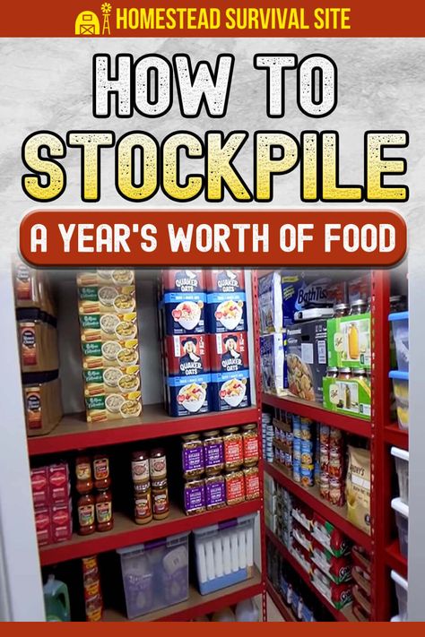 52 Week Stockpile Your Pantry, Extra Food Storage Ideas, Items To Stock Up On Food Storage, Stockpile Food Emergency Preparedness, Preppers Pantry Stockpile List, Food Stockpile Checklist, Prepping Organization, Preppers Pantry Stockpile, Food Stockpile List