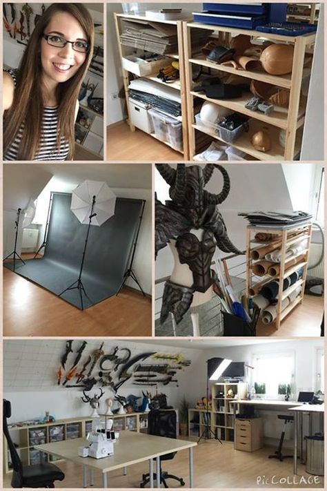 Kamui Cosplay's amazing workshop Cosplay Room Decor, Costume Room Organization, Cosplay Room Storage, Cosplay Room Organization, Cosplay Craft Room, Cosplay Storage Ideas, Cosplay Room Ideas, Cosplay Workspace, Cosplay Organization