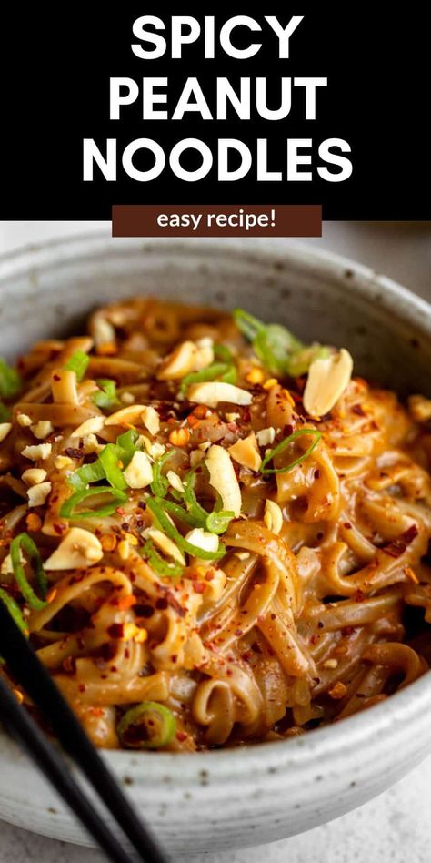 These 15 minute spicy peanut butter noodles are easy to make, high protein and full of flavor. Serve these peanut noodles with tofu, chicken, salmon or shrimp and veggies for an easy weeknight dinner the whole family will love. Veggie Asian Noodles, Vegetarian Noodle Dishes, What To Make With Rice Noodles, Simple Dinner Ideas Easy Quick, One Pot Recipe Ideas, Butter Noodle Recipe, Spicy Peanut Butter Noodles, Recipes With Peanut Butter, Healthy Recipes Easy Dinner