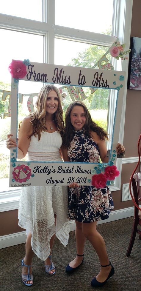 Photo booth frame I made for my DIL bridal  shower. Bridal Shower Picture Display, Friends Photo Ideas, Ideas For Bridal Shower, Bridal Shower Pictures, Shower Photos, Bridal Shower Photos, Friends Photo, From Miss To Mrs, Photo Booth Frame