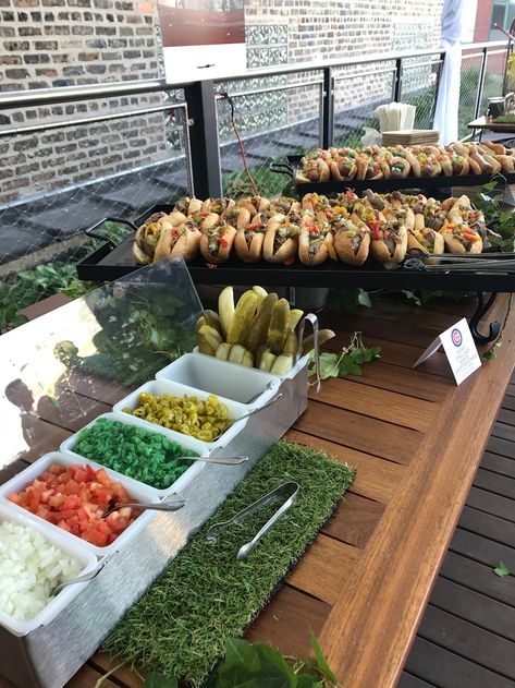 Kosher hot dog bar   #sportsthemedparty #mitzvah Hot Dog Station Food Bars, Chili Dog Buffet Bar Ideas, Bonfire Hot Dog Bar, Burger Hot Dog Bar Party Ideas, Hot Dog Station Ideas, Hot Dog Burger Bar, Fancy Hot Dog Bar, Hot Dog Stand Party, Hamburger And Hot Dog Bar Ideas