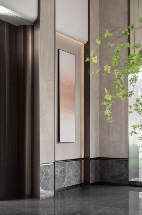 Hotel Entrance Lobby Design, Subtle Accent Wall, Hotel Corridor Design, Modern Lobby Design, Lift Lobby Design, Elevator Lobby Design, Lobby Designs, Hotel Foyer, Lift Lobby