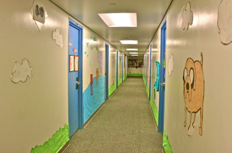 Adventure Time Themed Residence Hall! Adventure Time Door Decs, Adventure Time Bulletin Board, Ra Hallway Decorations, Ra Hall Themes Floors, Floor Themes Residence Hall, Ra Themes, Ra Boards, School Hall, Ra Bulletin Boards