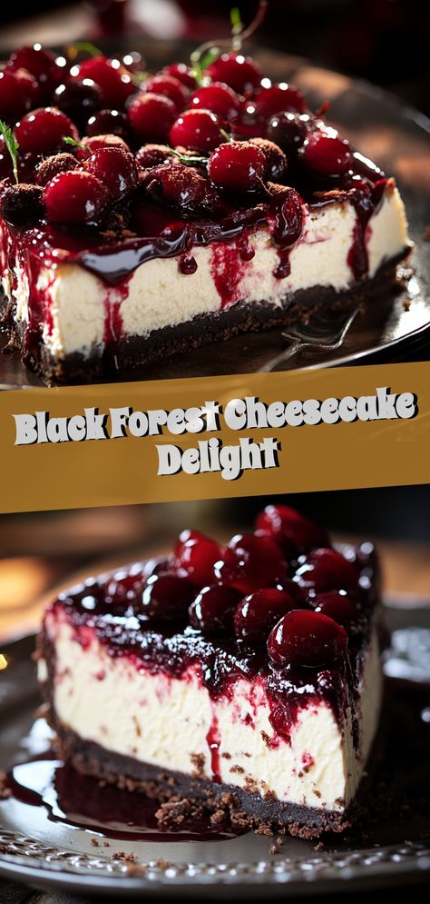 🎉 Indulge your senses with this luscious Black Forest Cheesecake Delight! 🍫🍒 A perfect blend of creamy cheesecake, rich chocolate, and tangy cherries creates a decadent dessert that's perfect for sharing—or savoring solo! Chocolate Cherry Cheesecake Bars, Cheesecake Delight, Black Forest Cheesecake, Cherry Cheesecake, Creamy Cheesecake, Cheesecake Bars, Chocolate Cherry, Cake Cake, Decadent Desserts