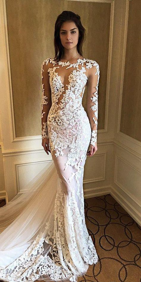 Illusion Long Sleeve Wedding Dresses Youll Like ★ #bridalgown #weddingdress Mermaid Wedding Dress With Sleeves, Long Sleeve Mermaid Wedding Dress, Berta Wedding Dress, Long Sleeve Wedding Dresses, Sleeve Wedding Dresses, Wedding Dress Guide, White Wedding Dress, Dress Guide, Winter Wedding Dress