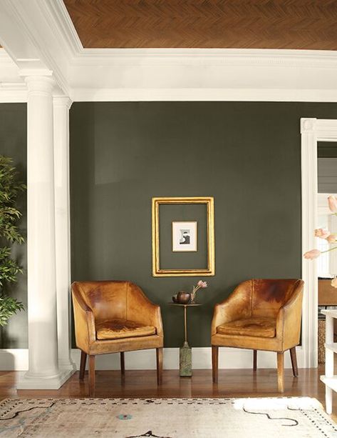 Dark Olive Green Feature Wall, Green Room With White Trim, Dark Room White Trim, Sterling Forest Benjamin Moore, Durango Paint Benjamin Moore, Green Living Room Wood Trim, White Trim Dark Walls, Green Paint White Trim, Benjamin Moore Raccoon Hollow