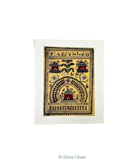 Pattachitra Painting Saura Village Life Theme on Tussar Silk with Paper Border Unframed | Oriya Patachitra Painting of East India Patachitra Paintings, Paper Border, Original Wall Decor, Value In Art, Sanskrit Words, Basic Drawing, Silk Art, Team Board, Borders For Paper