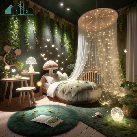 This image depicts a charming fairy-themed bedroom with intricate details and soft pastel colors. The room is adorned with ethereal fairy figurines, glittering string lights, and delicate floral patterns. The bed is fit for a fairy queen, with a canopy adorned with gossamer fabric and fluffy pillows. The overall feel of the bedroom is magical and enchanting, making it the perfect retreat for any fairy lover. Fine Hair Chin Length, Folklore Room, Fairy Bedroom Ideas For Kids, Hair Chin Length, Garden Bedroom Ideas, Fairy Bedroom Ideas, Fairy Garden Bedroom, Enchanted Bedroom, Fairytale Bedroom