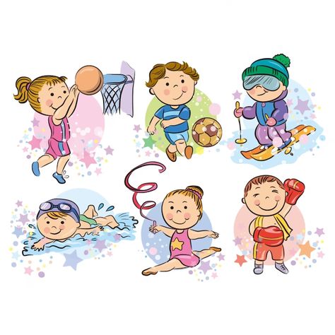 Premium Vector | Cartoon sport, sport kids, child People Cartoon, Kids Going To School, Sports Drawings, Sports Clips, Kids Vector, Children Playing, Kids Clipart, Beach Kids, Kids Set