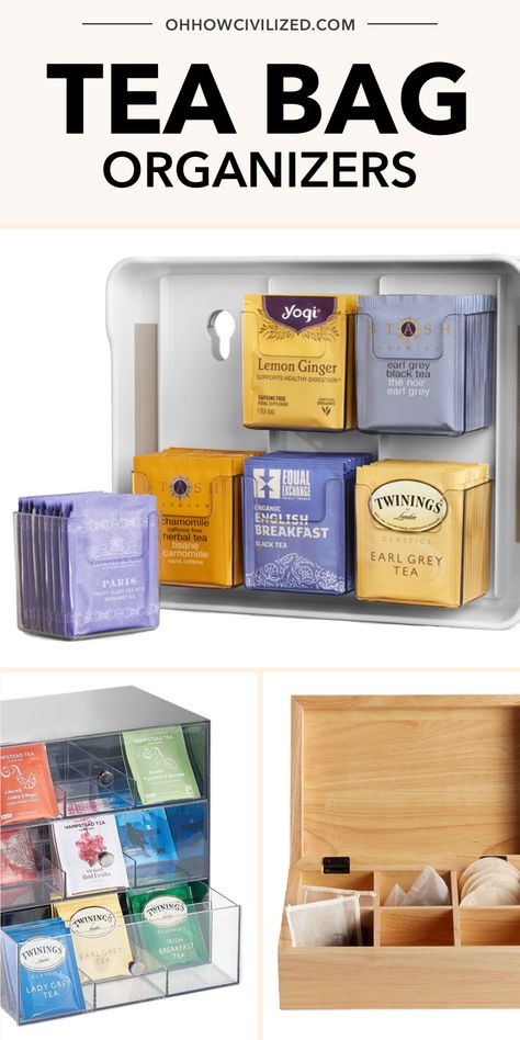 These are some of the best tea organization tips from Oh How Civilized! Do you have a shelf or drawer full of tea bags and don’t know how to keep them all organized? These tips will help you find the perfect tea bag organizer to keep everything neat and tidy. #tea #teabags #teatools #teatime Hot Tea Storage, Yea Bag Organization, Tea Bag Display Ideas, Teabag Organization, Tea Shelf Organization, Organizing Tea Bags, How To Organize Tea Bags, Diy Tea Bag Organizer Dollar Tree, Diy Tea Bag Organizer