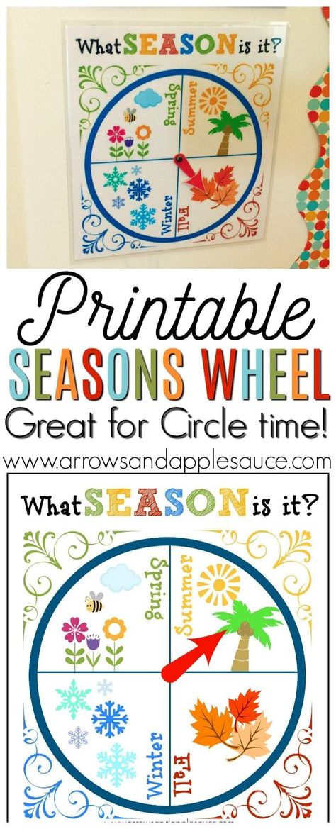 Learning the four seasons of the year is fun and asy with this cute and colorful printable wheel. Great for morning circle time! #circletime #seasons Seasons Wheel Printable, Seasons Activities For Kids, Morning Circle Time, Seasons Kindergarten, Seasons Printable, Morning Circle, Seasons Preschool, Seasons Lessons, Season Calendar