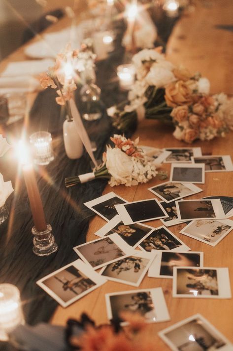 Polaroid Name Cards Wedding, Polaroid Camera Wedding Table, Poloroid Pictures Wedding Ideas, Polaroid Table Wedding, Hen Decorations, Polaroid Table, Wedding Buffet Table, Wedding Photo Table, Wedding Polaroid