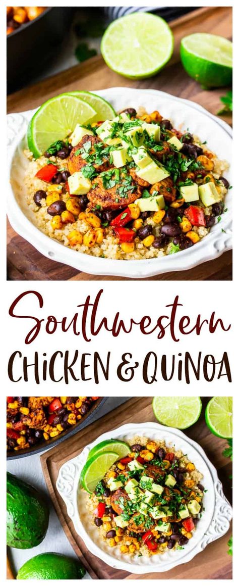 Southwestern Chicken and Quinoa - a quick and easy 30-minute meal that's filling, extremely flavorful, and family-friendly. Chicken is seasoned with spices like chili powder and paprika for intense flavor, then mixed with red peppers, corn, and black beans. Serve it over quinoa topped with avocado, lime slices, and fresh cilantro and dinner is ready! It's perfect for busy weeknights as well as meal prep. | #chicken #southwesternchicken #dinnerideas #glutenfreerecipes #easyrecipes Quinoa Chicken Burrito Bowl, Chicken Quinoa Bowl Meal Prep, Quinoa With Chicken Recipes, Asian Chicken Quinoa Bowl, Chicken Quinoa Power Bowl, Chicken Bowls With Quinoa, Quinoa Bowl With Chicken, Healthy Mexican Bowl Meal Prep, Dinner With Quinoa And Chicken