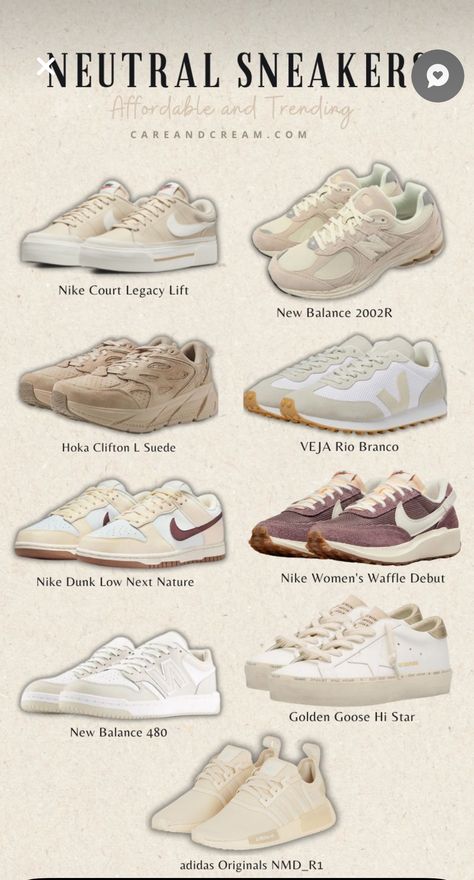 Nike Sneker, Womens Everyday Shoes Sneakers, Cute Trainers Women, Tan New Balance Outfit, Neutral Everyday Shoes, Classic Tennis Shoes, Comfort Sneakers Women, White And Beige Sneakers, New Balance Shoes Woman