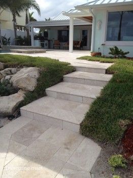 Travertine Steps, Travertine Stairs, Coastal Pool, Travertine Patio, Ivory Travertine, Travertine Outdoor, Travertine Pool Coping, Travertine Tiles, Travertine Pavers