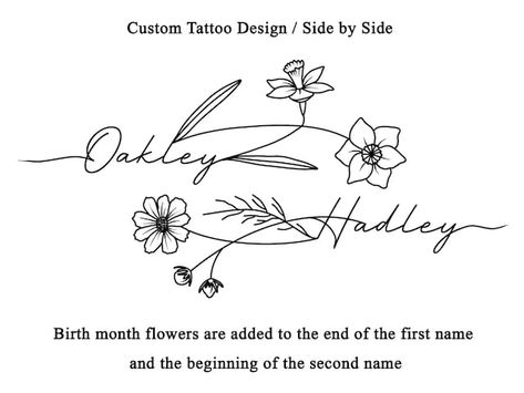 ZetaArtStore - Etsy UK Addison Tattoo Name, Wildflower Name Tattoo, Tattoo Ideas For 2 Sons, Simple Dafodill Tattoo, Name In Flower Tattoo, 2 Names Tattoo Ideas, Birth Flower Bouquet Tattoo With Names, 3 Birth Month Flower Tattoo, Birthflower Name Tattoo