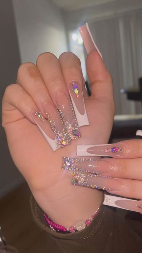 Quinceanera Nails, Pink Ombre Nails, Ombre Acrylic Nails, Nails Design With Rhinestones, French Tip Acrylic Nails, French Acrylic Nails, Shiny Nails, Long Acrylic Nails Coffin, Acrylic Nails Coffin Pink