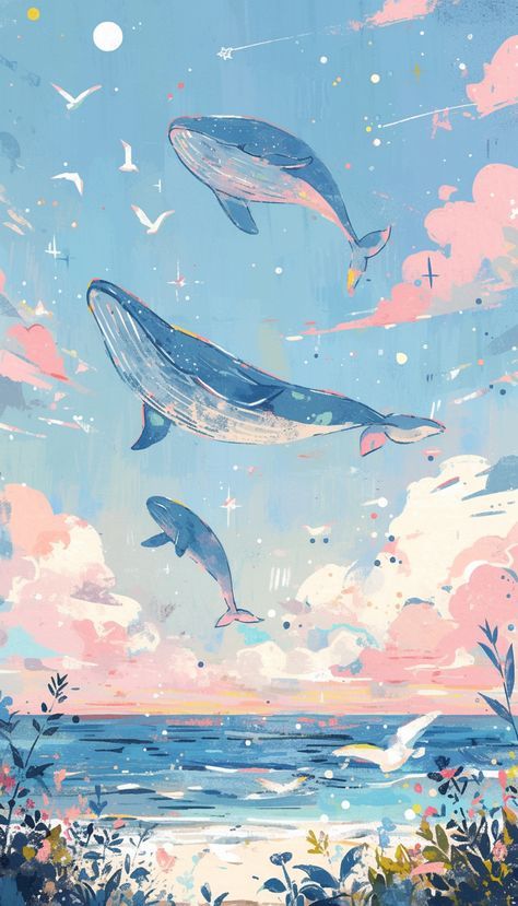 Pink Whale Wallpaper, Whale Art Wallpaper, Whale Wallpaper Aesthetic, Chibi Whale, Whales Aesthetic, Whale Wallpapers, Galaxy Whale, Whale Wallpaper, Fly Drawing