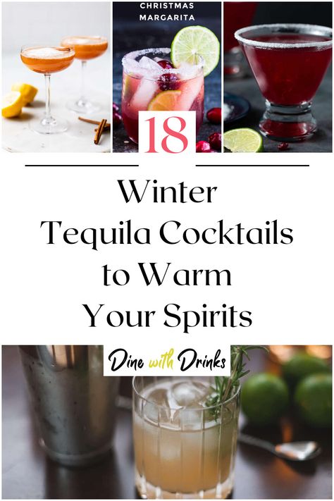 Collage of 4 winter tequila cocktails. Spicy Winter Cocktails, Easy Christmas Cocktails Tequila, Winter Tequila Drinks, New Years Eve Tequila Cocktails, Christmas Cocktails Recipes Tequila, Hot Tequila Drinks, Christmas Drinks Alcohol Recipes Tequila, Holiday Cocktails Tequila, Blanco Tequila Cocktails