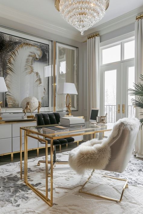 Glamorous Home Office: Metallic Touches Modern Chic Office Design, Ceo Office Design Luxury Modern, Ceo Office Design Luxury, Women Home Office Ideas, Glamorous Office, Luxe Office, Glam Office Decor, Gorgeous Office, Office Refresh