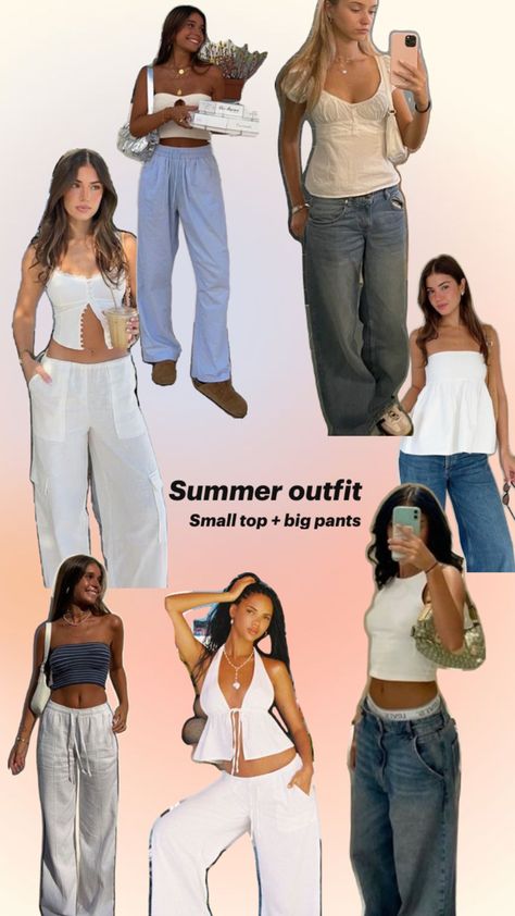 Outfit inspo, linen pants, wide leg trousers,straight leg trousers, tube top,white top Small Top Big Pants, Linen Trousers Outfit, White Linen Trousers, Big Pants, Trouser Outfit, Pants Wide Leg, Linen Trousers, Straight Leg Trousers, Linen Pants