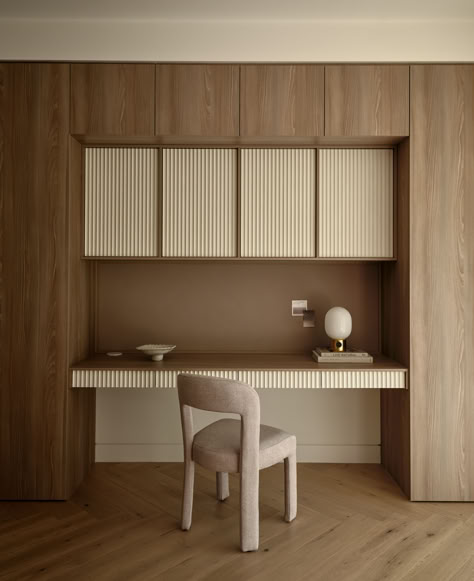 custom built-in home office study desk with fluted panel cabinet fronts Classic Desk Office, Office Cabinetry Design, Study Built Ins With Desk, Built In Study Nook, Desk Joinery, Office Desk Built Ins, Desk Built Into Wall, Working Desk In Bedroom, Ikea Built In Desk Hack