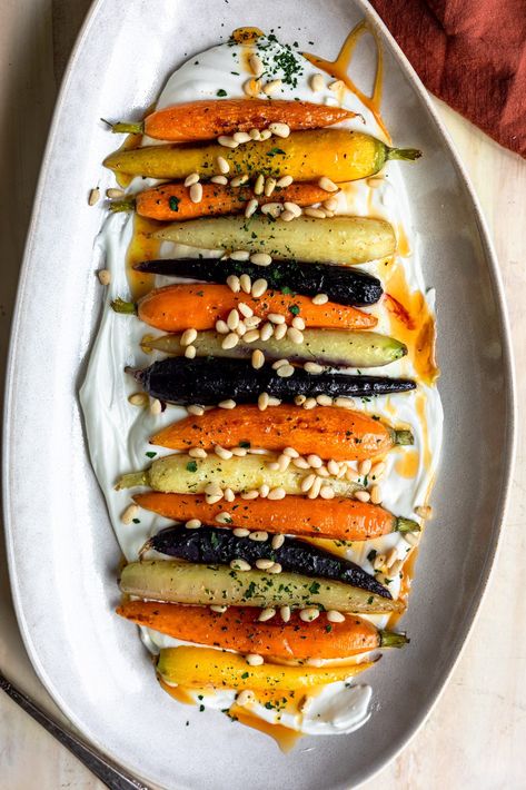 Cheese With Hot Honey, Nutritional Foods, October Recipes, Whipped Goat Cheese, Goat Cheese Recipes, Rainbow Carrots, Hot Honey, Glazed Carrots, Toasted Pine Nuts