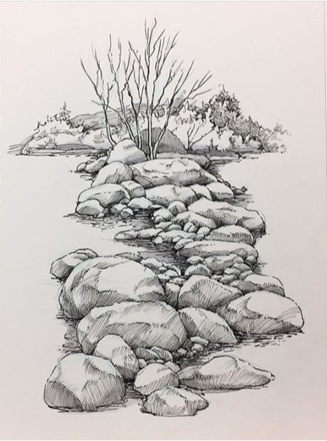 Drawing Rocks, Landscape Pencil Drawings, Art Du Croquis, Desen Realist, Nature Sketch, Landscape Sketch, 흑백 그림, Drawing Faces, Nature Drawing