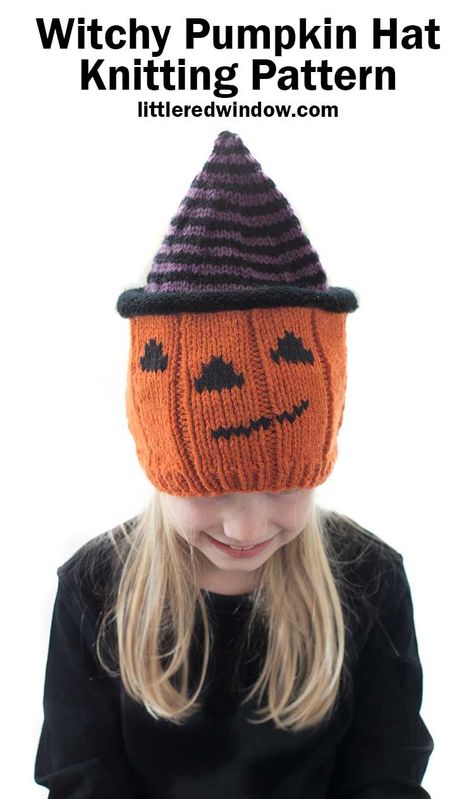 Smiling blond girl wearing a knit hat that looks like a jack o lantern wearing a purple and black striped witch hat while she is is looking down Halloween Hat Knitting Patterns Free, Halloween Knitted Hats, Halloween Knitting Patterns Free, Baby Pumpkin Hat, Halloween Knitting Patterns, Knitted Cowls, Halloween Knitting, Smiling Pumpkin, Crochet Pour Halloween